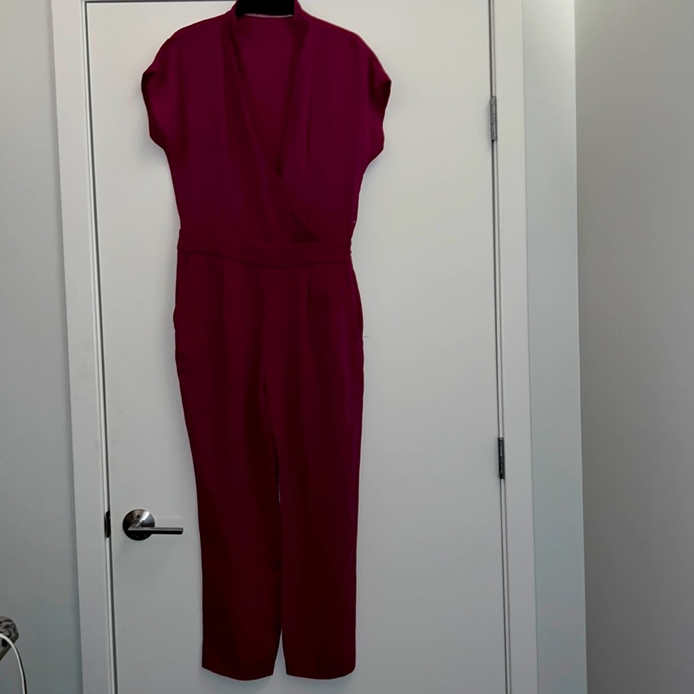 Beautiful, purple jump-suit gently worn w/ capped sleeves perfect for the summer